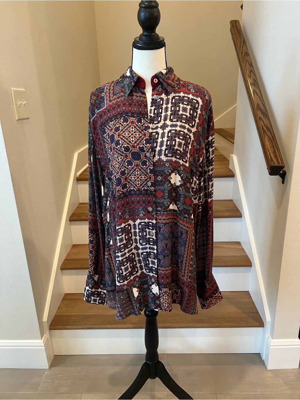 Isle by Melis Kozan Boho Patchwork Button-Up Blouse in Burgundy and Navy